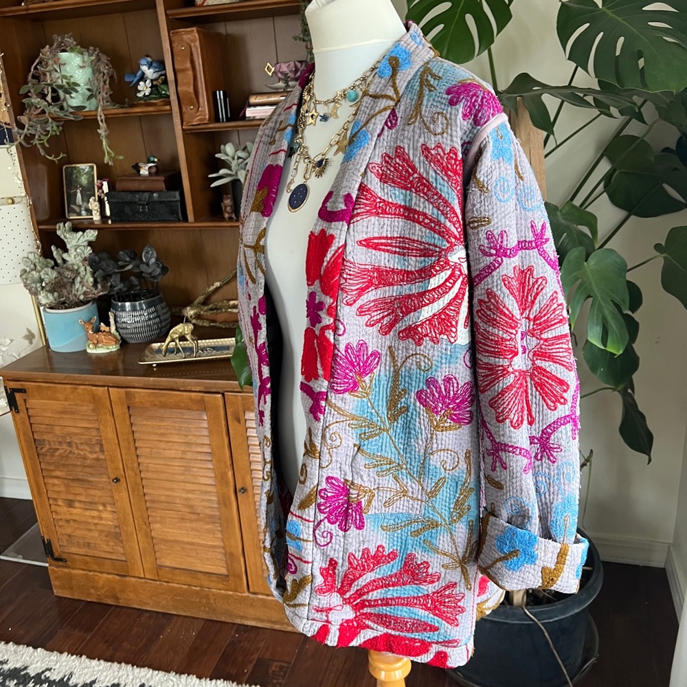 She’s1Oak Fine Kantha Suzani Embroidered Multicolor Short Jacket Kimono XS-L - Picture 15 of 16